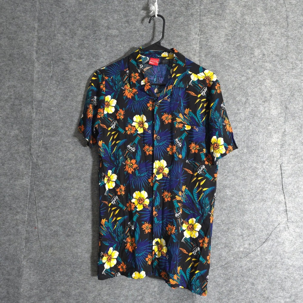 Coca-Cola Mens Hawaiian Shirt Floral Tropical Button Down Short Sleeve Sz Small